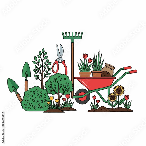 Gardening tools and plants illustration.