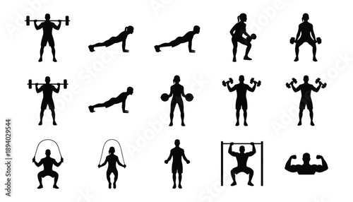 Professional Fitness Exercise Silhouettes for Gym and Workout