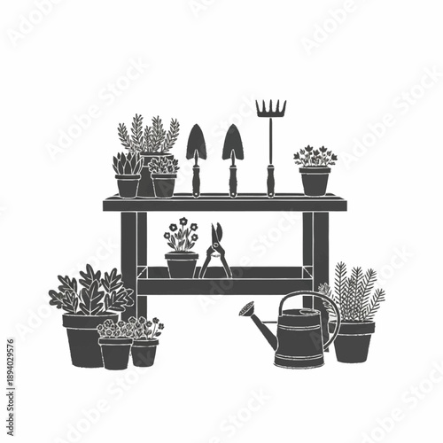Gardening tools and potted plants on a workbench.