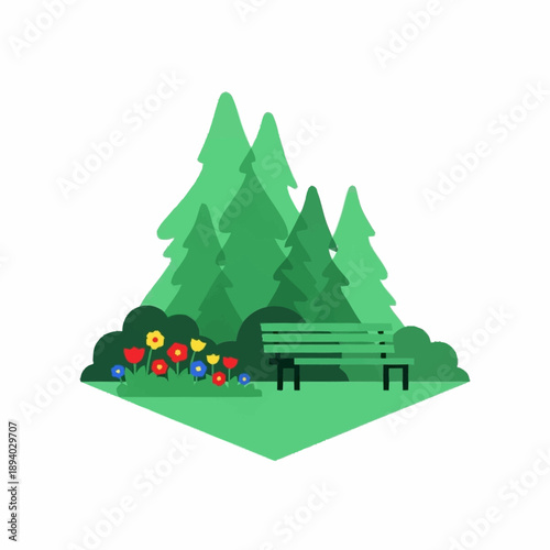 Green park scene with trees, flowers, and a bench.