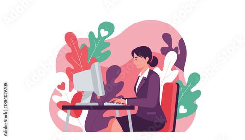 Happy businesswoman working productively at her desk Modern office worklife balance concept