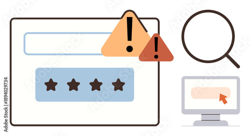 Cybersecurity, online fraud prevention, data safety, user search habits, ratings analysis, error alerts. Warning pop-ups, star ratings and a search magnifier. Cybersecurity and online fraud