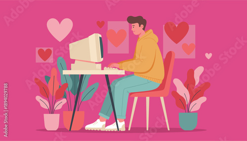 Happy man using vintage computer for online dating or social media connection on a pink background