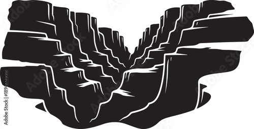 Black and White Illustration of Deep Canyon Landscape