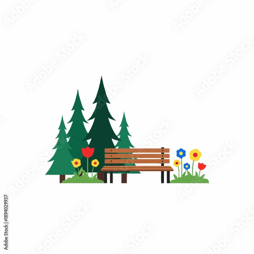 Park bench surrounded by evergreen trees and colorful flowers.