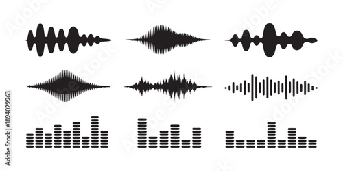 Monochrome sound wave icons set showing abstract black music waveforms digital audio spectrum visualization graphic design elements collection representing frequency amplitude