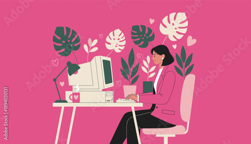 Smiling woman uses a retro PC in a pink plantdecorated office Happy remote work setting