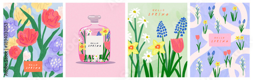 Spring set of the cutest cards, posters for the spring holiday with wildflowers, Narcissus flower, tulips, daisies. Hand drawn Floral art templates for Womens Day, birthday, Mothers Day, Easter decor