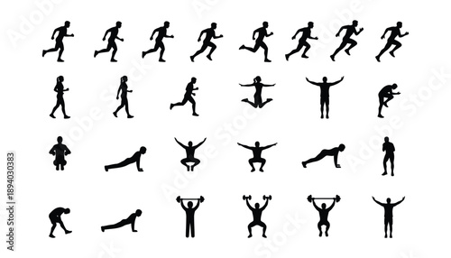 Universal Exercise and Fitness Silhouette Icon Set in Black