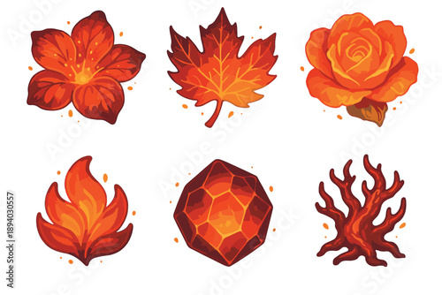 Set of six fiery orange and red fantasy icons including a flower, maple leaf, rose, flame, gemstone, and coral, illustrated in a vibrant, glowing cartoon style for game design