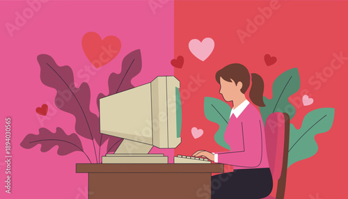 Retro computing and online romance Woman chatting on desktop computer with hearts