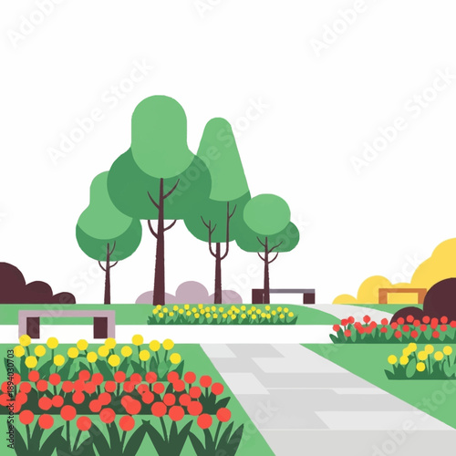 Vibrant park scene with colorful flowers and lush trees.