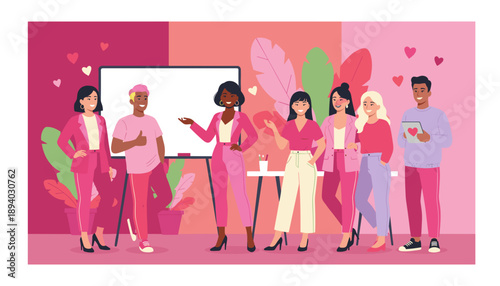 Diverse professional team standing by a whiteboard in a pink creative office ready for business presentation