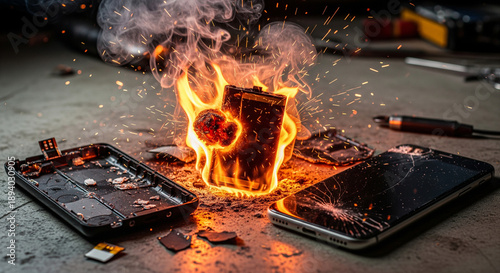A swollen lithium battery that bursts and catches fire, a damaged external battery case indicates a risk of overheating, explosion of the smartphone