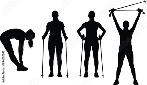 Female fitness silhouette sequence performing stretching and resistance band exercises, workout progression isolated on white background studio illustration