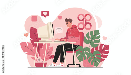 Young man smiling while social networking on a retro desktop computer surrounded by hearts and plants