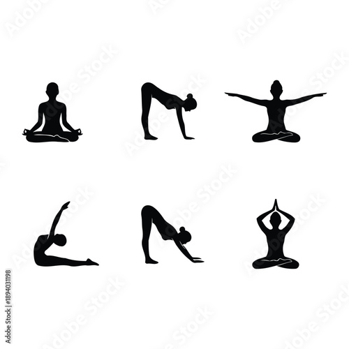 Yoga Poses Silhouette Icons Meditation and Mindfulness Vector Pack