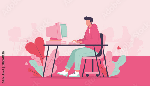 Man in a hoodie using a retro computer for online connection in a pinkthemed workspace illustration