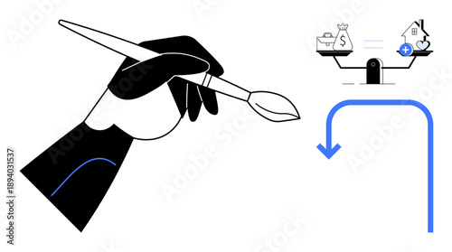 Financial decision-making. A hand with a paintbrush contrasts artistic expression against a scale balancing money and health symbols. Financial decision-making explored for creativity, healthcare