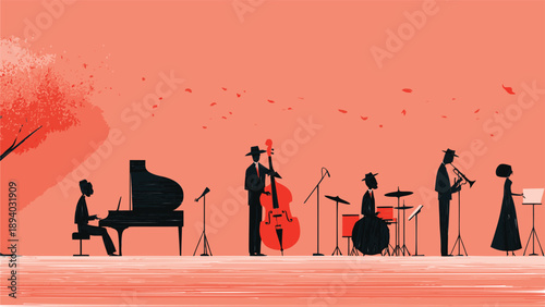 Jazz Band Performing Live on Stage with Musicians and Instruments.