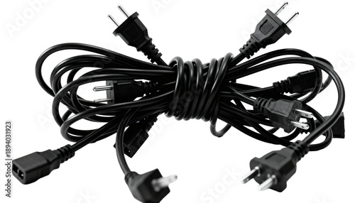Tangled Black Power Cords with Multiple Plugs and Connectors on White Background, Studio Shot