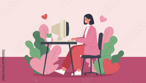 Smiling woman works on retro PC in a stylized modern home office setting