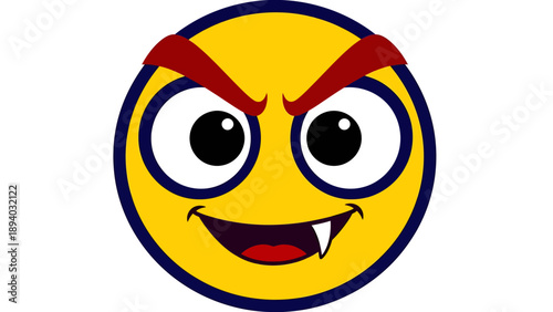 Evil Smiley Face Vector Illustration with Sharp Teeth and Red Devil Horns, Spooky Halloween Character Graphic for Digital Design and Print