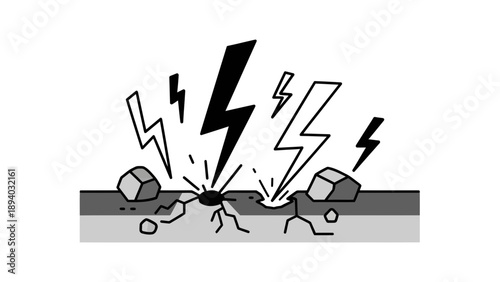 Explosion of Lightning Strikes and Rocks on Cracked Ground, Dynamic Energy Burst, Abstract Power Concept, Vector Illustration Style