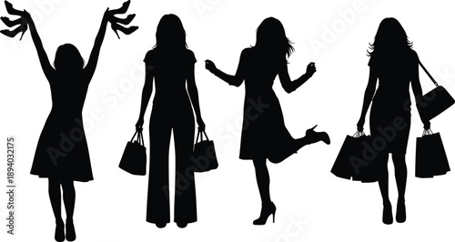 Four fashionable women shopping silhouettes holding high heels and multiple shopping bags walking and celebrating, retail consumerism fashion lifestyle vector icons