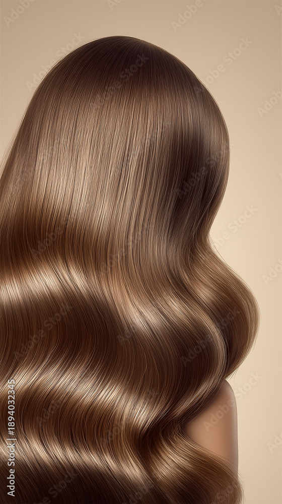 Fototapeta premium Elegant Long Brown Hair with Soft Waves on Neutral Beige Background Under Studio Light