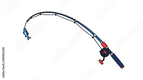 Fishing Rod with Small Fish Caught, Vector Illustration, Outdoor Hobby and Leisure Activity, Simple Graphic Design