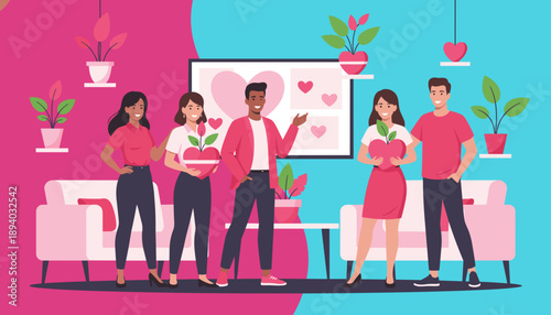 Diverse friends holding hearts symbolizing relationship growth community wellness and love