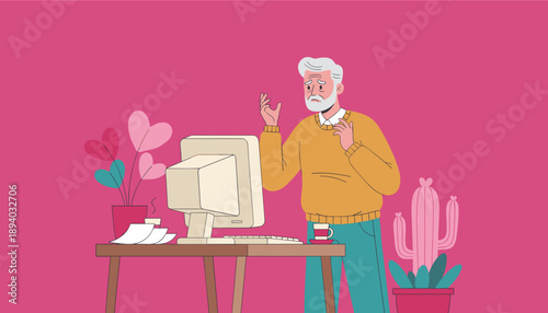 Elderly man frustrated by old computer technology and digital confusion