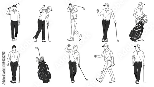 Golf Player Poses Vector Illustration Set, Dynamic Actions and Gestures, Sports Lifestyle Graphic Elements for Design