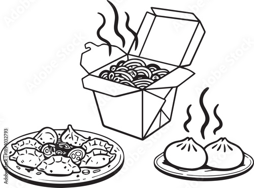 An illustration of steaming Chinese takeout food in a box and on plates including dumplings