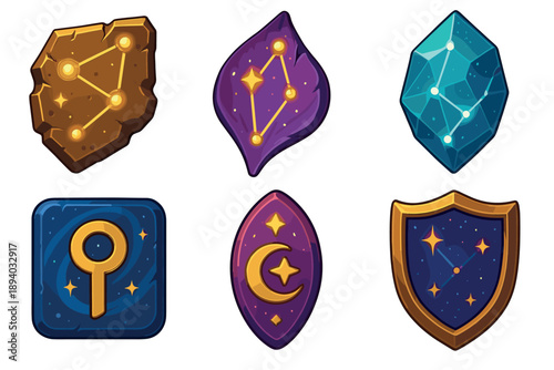 Set of six magical fantasy game icons featuring celestial symbols like constellations, stars, a moon, and a key on various materials like stone, gems, and a shield in a cartoon style