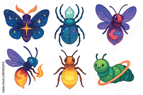 Set of six magical insect illustrations featuring a celestial moth, crystal beetle, galaxy bee, fire wasp, amber bug, and a cute caterpillar with a planetary ring in a vibrant cartoon style