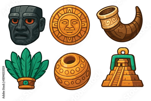 Collection of ancient Mesoamerican civilization artifacts featuring a stone head, sun calendar, pyramid, feathered headdress, horn, and a golden relic in a clean cartoon style