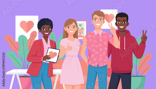 Diverse young team collaborating happily showing positive support and community connection