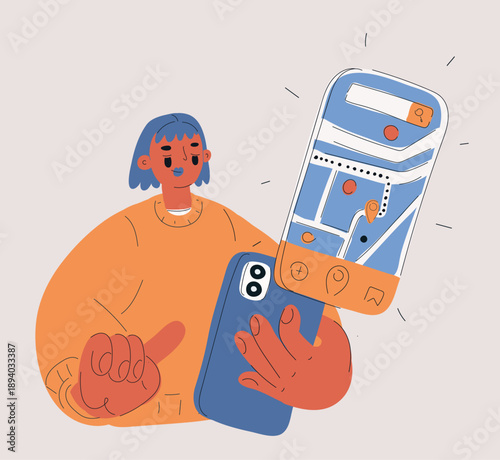 Cartoon vector illustration of woman using smartphone with online maps and navigation app