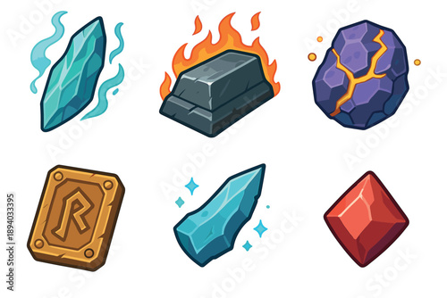 Set of six fantasy game resource icons including magical crystals, a flaming metal ingot, cracked ore, a stone rune tablet, and a red gemstone in a colorful cartoon style