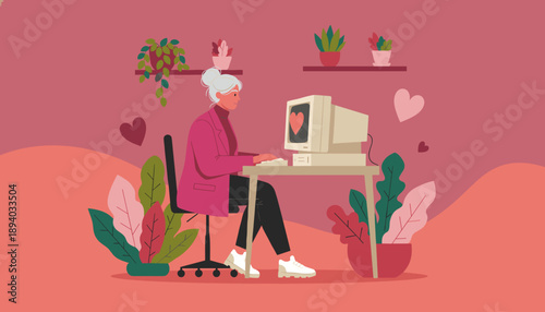 Senior woman typing on a retro computer displaying a heart Concept of online dating nostalgia and technology