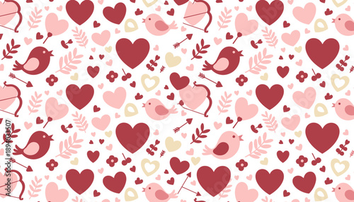 Wallpaper Mural Romantic seamless pattern featuring hearts love birds Cupid bows and floral elements on white Torontodigital.ca