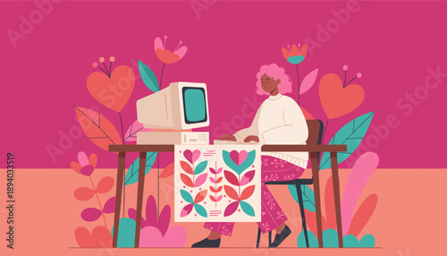 Woman using a retro computer in a vibrant floral home office illustration Remote work and creativity