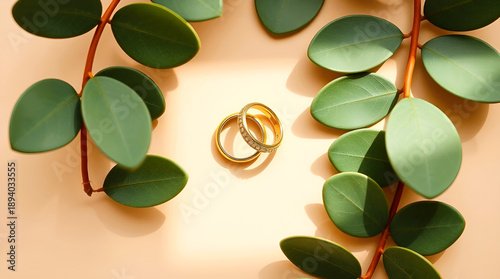 Elegant Romantic Flat Lay Featuring Wedding Rings, and Symbolic Hearts for Celebrations of Love