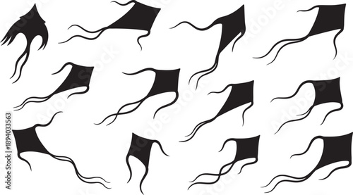 Black kites flying in the air on white background