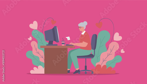 Happy elderly woman working on computer at her desk surrounded by hearts Remote work and dating concept