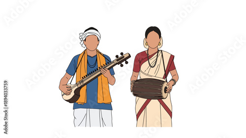 Indian Musicians Playing Traditional Instruments Veena and Mridangam, Vector Illustration of Folk Music Performance, Cultural Event and Artistic Concept