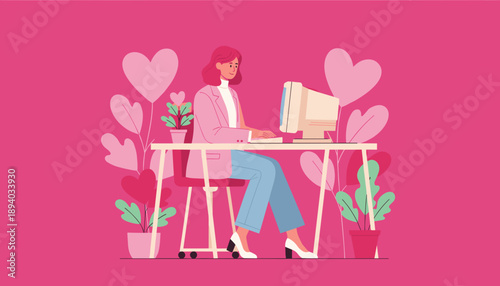 Happy woman working on a retro computer surrounded by pink hearts and plants Remote work vector illustration