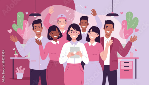 Happy diverse business team waving hello in a collaborative office environment